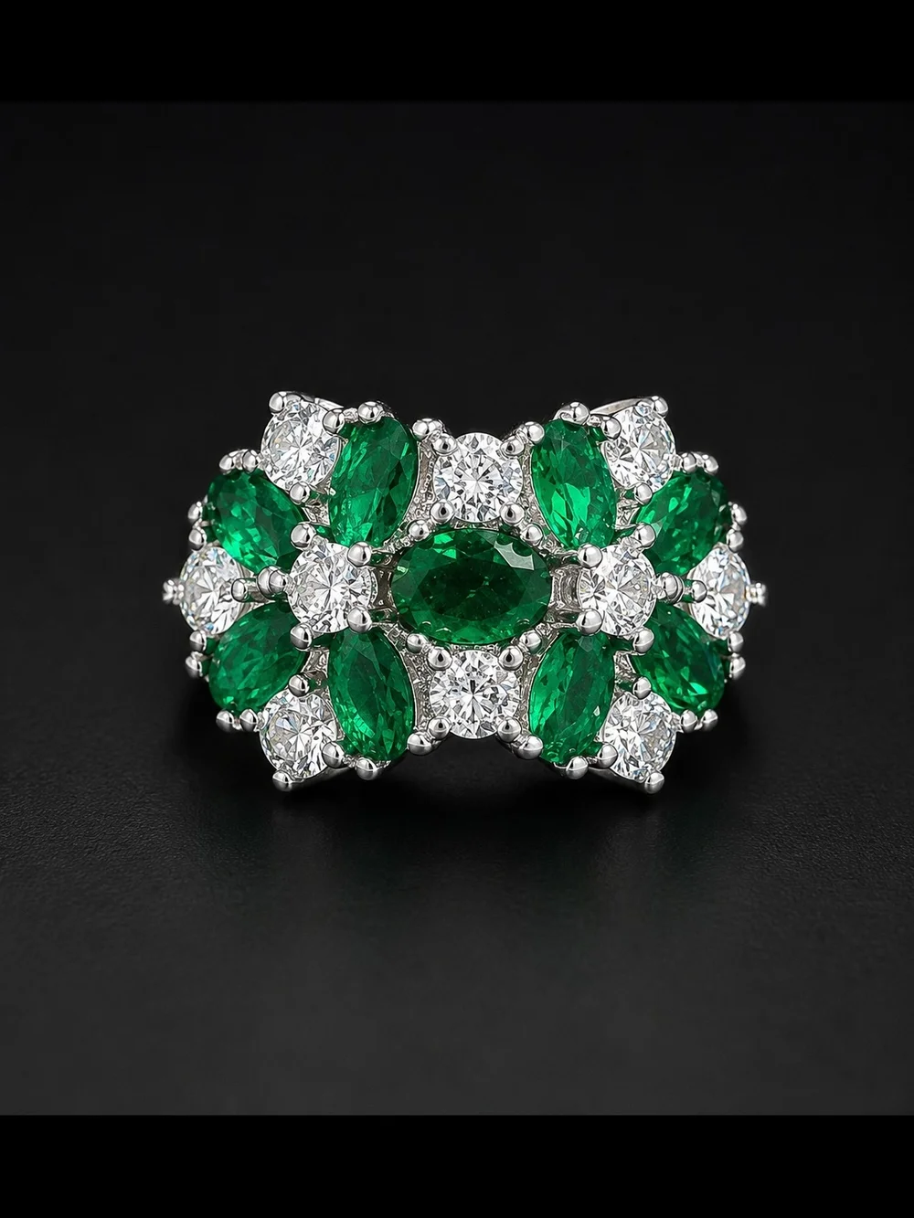 Emerald Cluster Silver Ring - Green Crystal Floral Band